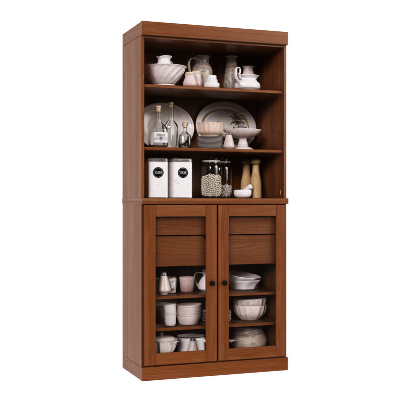 Garde-manger 100% bois massif Kaniesha 32 po avec portes en verre transparent, 2 tiroirs et tablettes réglables, Mocha