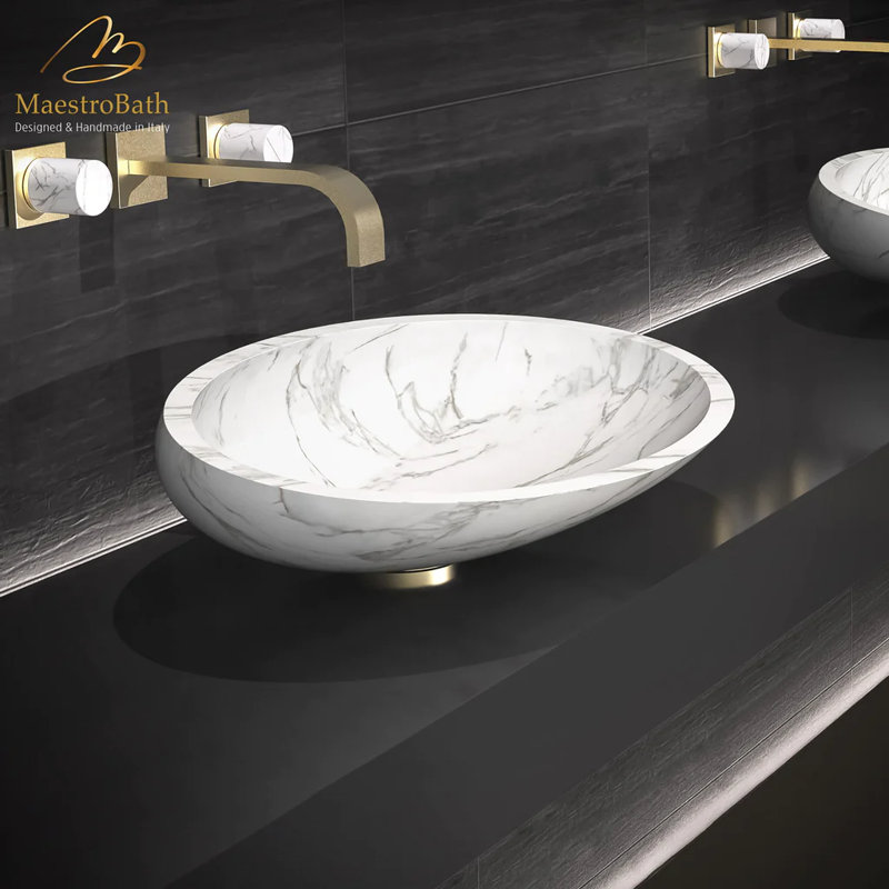 Maestro Bath Vetrofreddo 15.7'' White/Gray Carrara Marble Oval Bathroom Sink