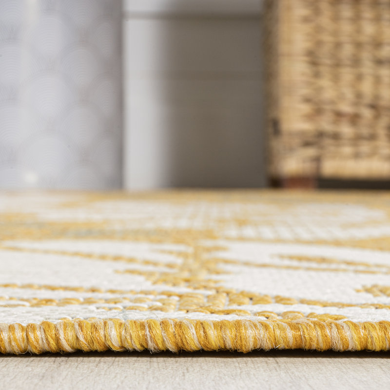 Zinnia Modern Floral Textured Weave Yellow/Cream Indoor/Outdoor Rug, Runner 2'2" x 10'
