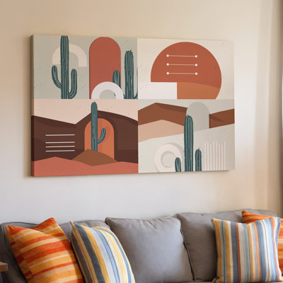 La toile crée un design abstrait visuellement saisissant mettant en vedette des cactus stylisés contre un art mural sur fond texturé
