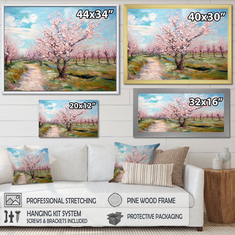 «Vangogh Blooming Cherry Trees» encadré sur toile par Vincent Van Gogh, peinture, H 12 po x l 20 po, Noir