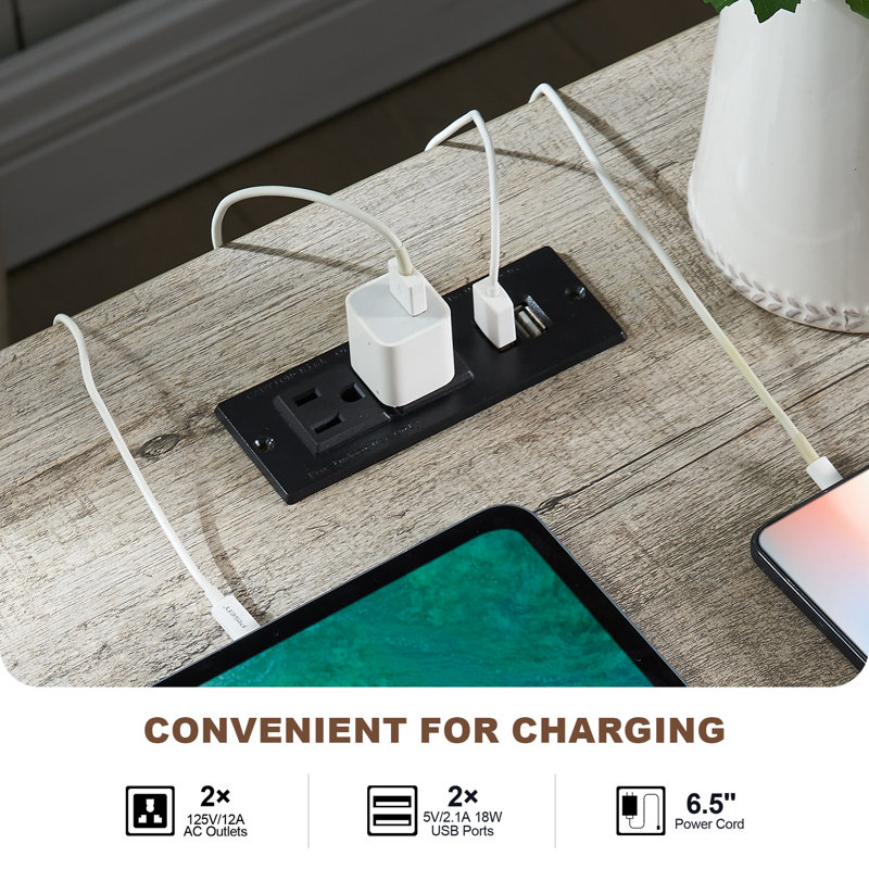 Table de bout Farmhouse avec 2 ports USB et 2 prises de courant, Gris