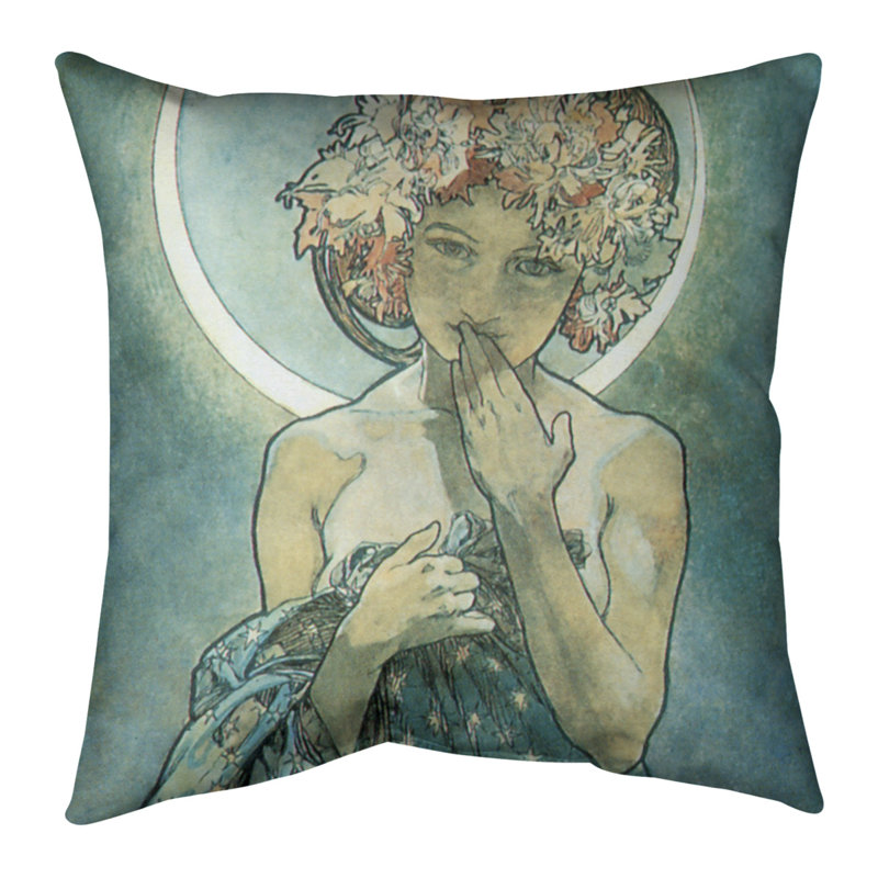 Coussin Alphonse Mucha, Bourre en polyester, Bleu, 18 po x 18 po