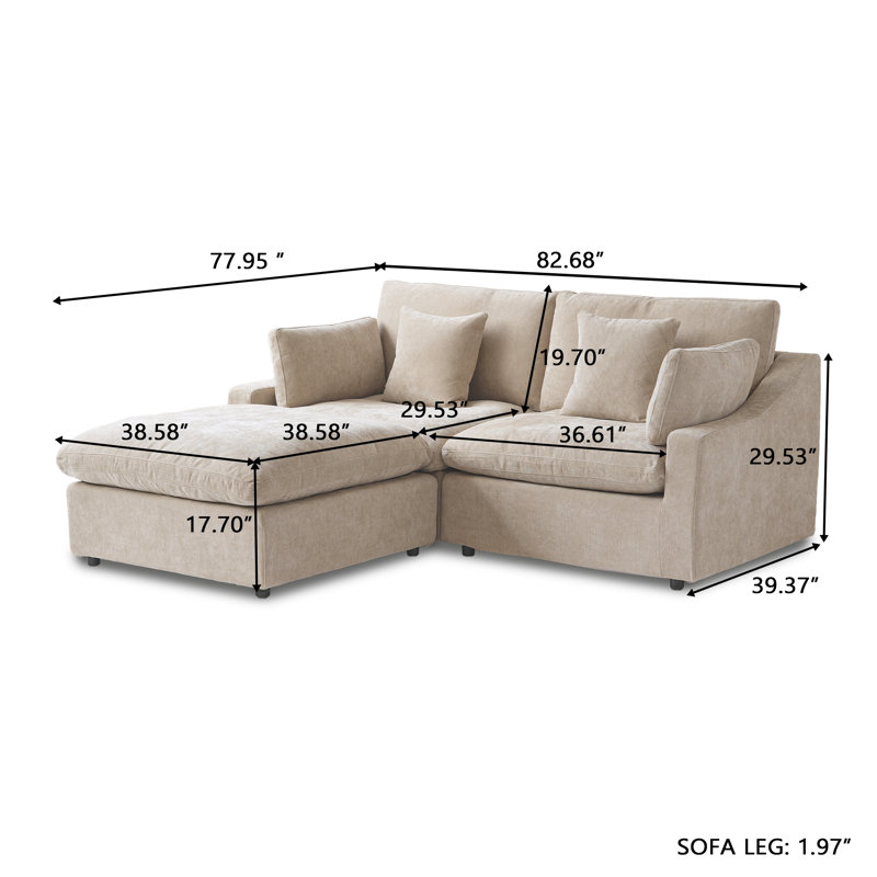 Slipcovered Upholstered Modular Sofa With Ottoman, 29.53" H x 82.68" W x 77.95" D, Khaki