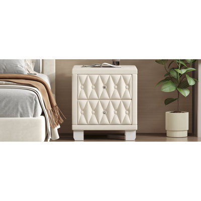 Magnificent Beige Velvet Bedside Storage Table With 2 Drawers, Crystal Handles And Button - Pattern, Build Stately, Beige, Table, Trimmed Handles,