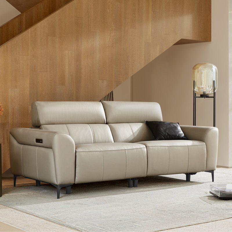 2-Piece Dual Motor Genuine Leather Zero Wall Sofa With Power Headrest, Light Gray