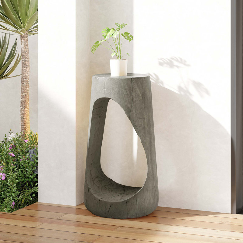 Outdoor Side Table,Hollow Design End Table,Patio Garden Stool Table,Decorative Accent Table For Patio Balcony Beach Pool Side,Lightweight Concrete,Wood Like Texture