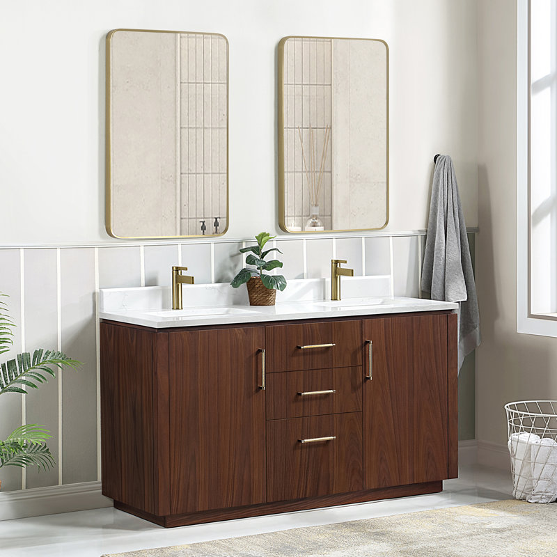 Meuble-lavabo double 60 po avec plateau en pierre composite et miroir Cloverfield, Noyer naturel, Or