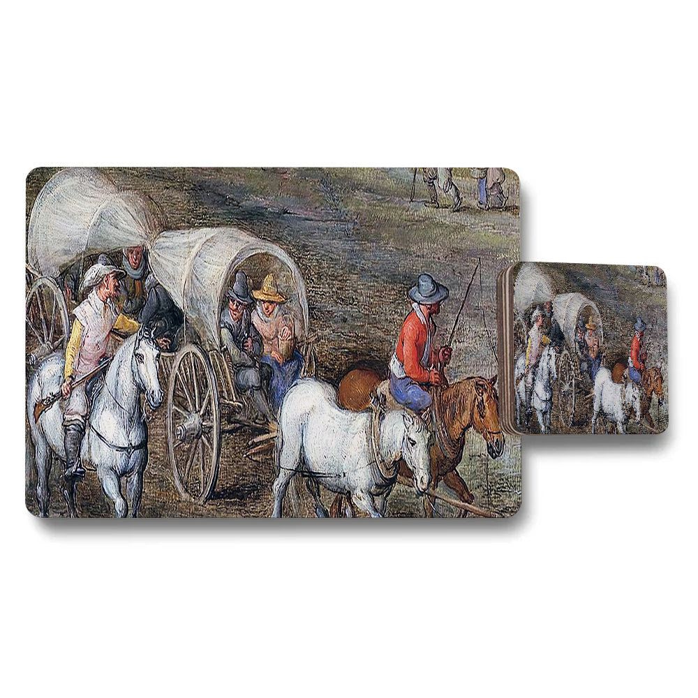 Historic Wagon Train Placemat and Coaster Set With Horsemen Artwork