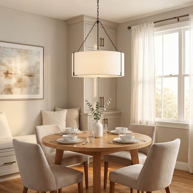 Thom Filicia Bergen 3 Light Dining Room Pendant With White Linen Shade, Aged Iron