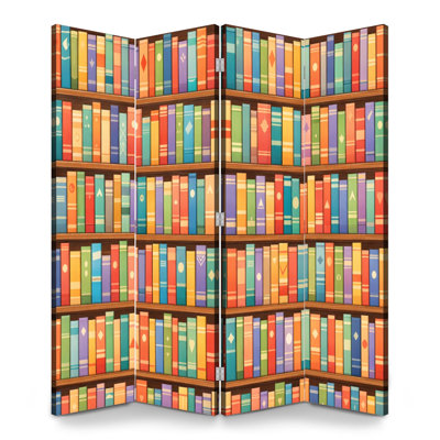 Back to School 4 Panels Folding Screen Room Divider Royal Colorful Bookshelf Vibrant Books Variety Shapes Patterns Canvas Screen Room Separator Freestanding Protective Wall Divider Privacy Partition