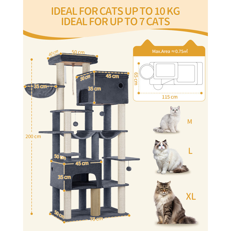 Arbre à chat, arbre à chat 78,7 po XXL avec 10 poteaux à griffer, 2 grottes, 2 hamacs, grande plateforme, brosses à chat, panier, arbre à chat robuste pour Maine Coons, grands chats, gris foncé