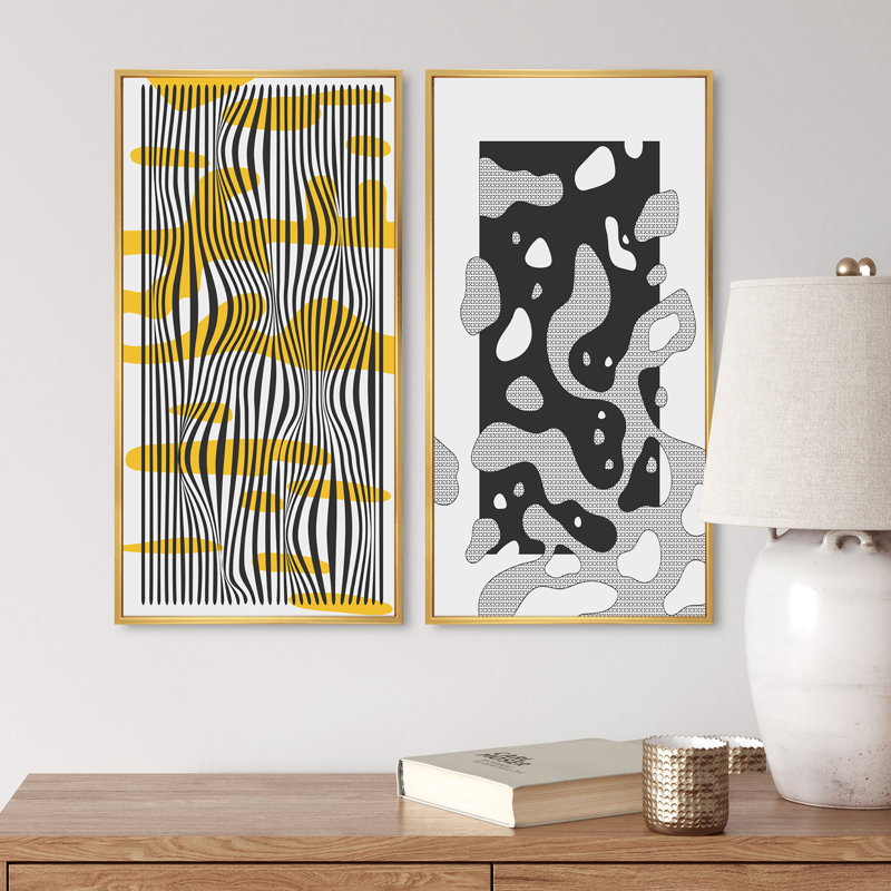 «Retro Japanese Minimal Geometric I», ensemble de 2 impressions, H 32 po x l 32 po x P 1 po, Toile avec cadre doré