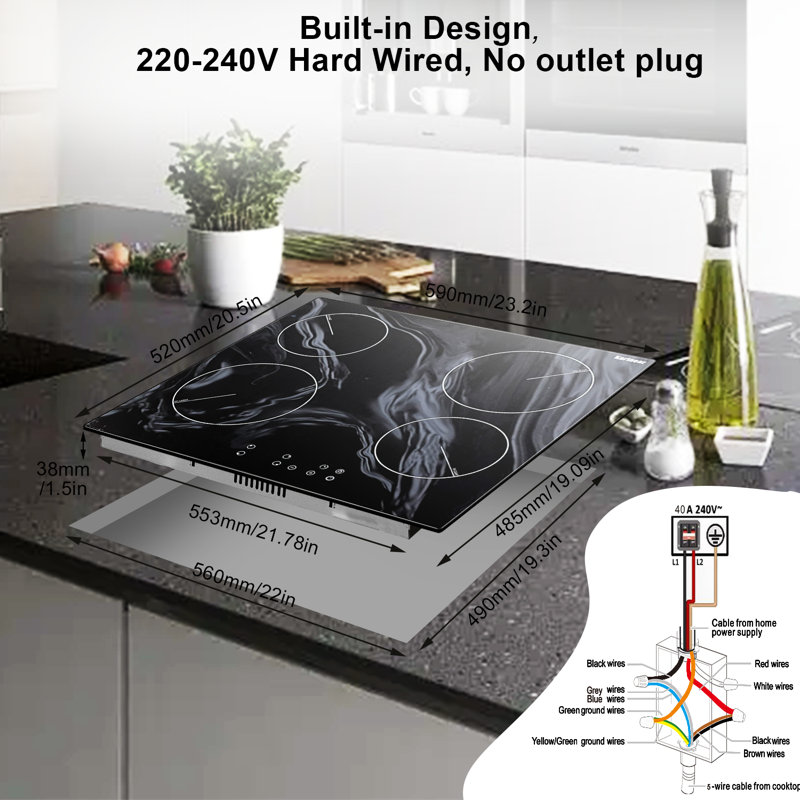 Karinear 4 Burner Electric Cooktop 24 Inch 6000W Marble Patterned Surface