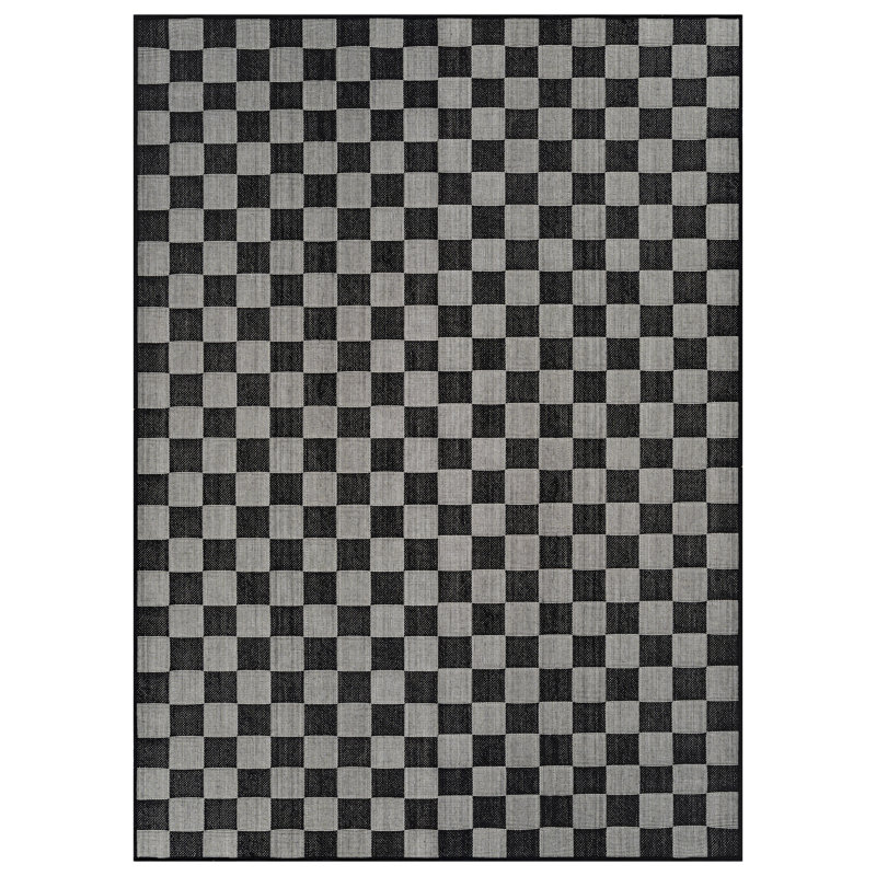 Checkered Black/Ivory Easy-Care Jute-Style Indoor/Outdoor Flat Woven Area Rug, Black, Rectangle 5' x 7'