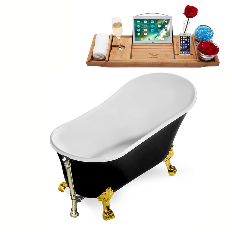 67" Streamline Clawfoot Soaking Acrylic Bathtub With Drain, Clawfeet, and Bamboo Tray, Polished Gold, Brushed Nickel