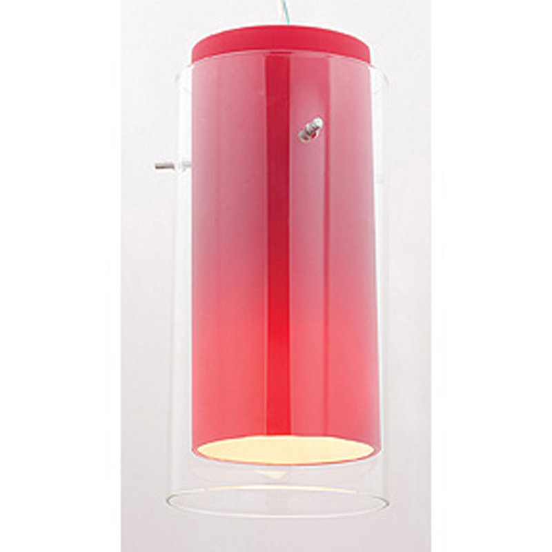 Glass`n Glass - Cylinder Pendant Glass Shade - Brushed Steel Finish, Clear/Red
