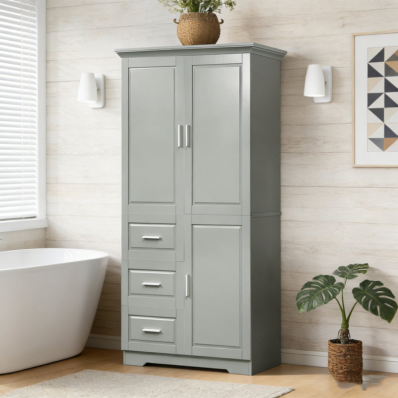 Armoire de rangement haute et large avec portes et trois tiroirs - convient pour la salle de bain et le bureau, Gris