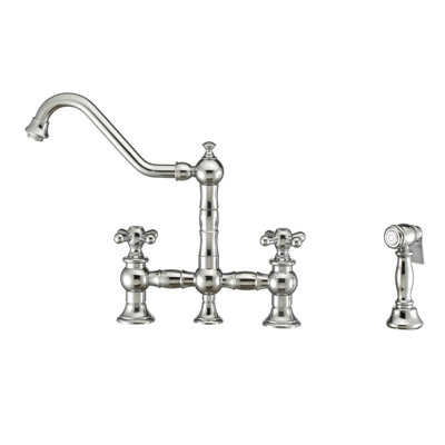 Whitehaus Collection Bridge Faucet with Long Traditional Swivel Spout Lever Handles and Solid Side Spray