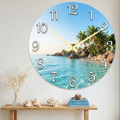 Landscape & Nature Tropical Beach Scene With Palm Trees And Clear Water Ultra Clear Glass Wall Clock