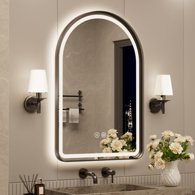 Miroir de salle de bain arqué à DEL avec éclairage avant et rétroéclairé, cadre de salle de bain avec miroir anti-buée, à intensité variable, antibuée, fonction mémoire