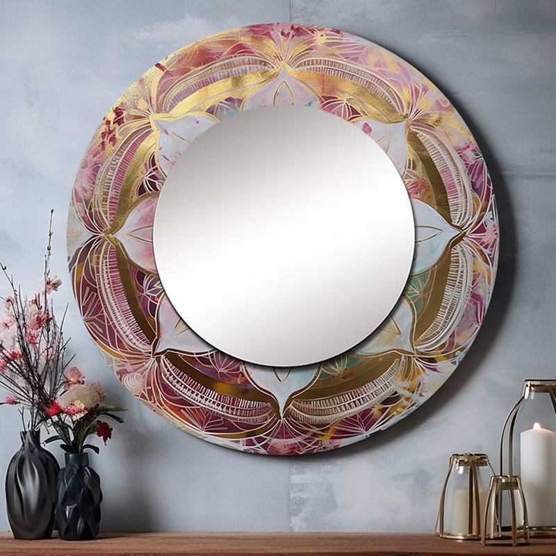 Prassede rose or Mandala II - miroir mural Mandala Boho, miroir décoratif rond traditionnel, impression d'art en métal