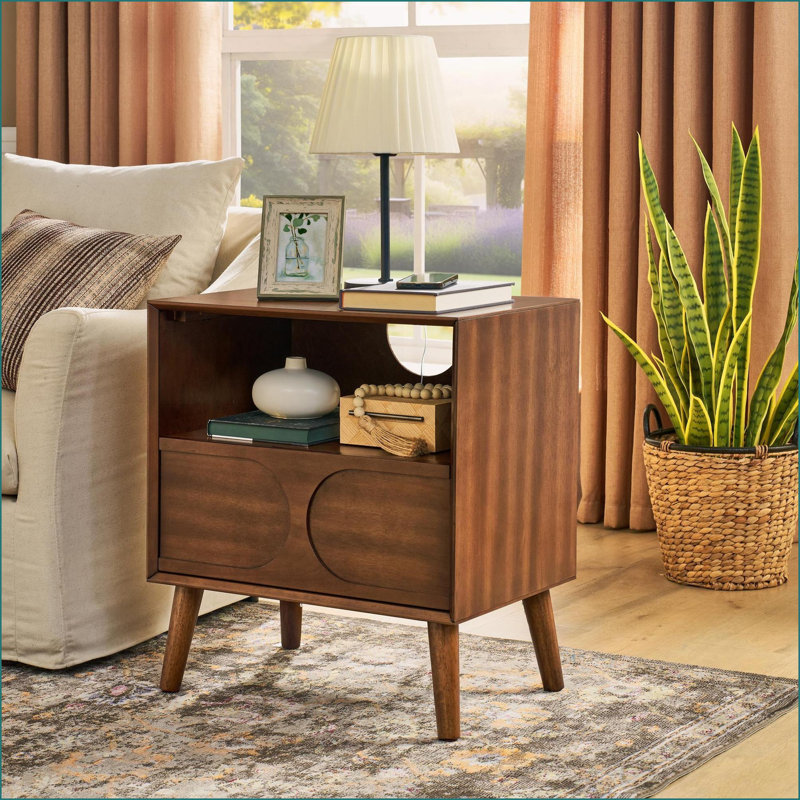 Table de chevet cannelée moderne Mid Century avec station de charge, 1 tiroir + tablette ouverte, noyer