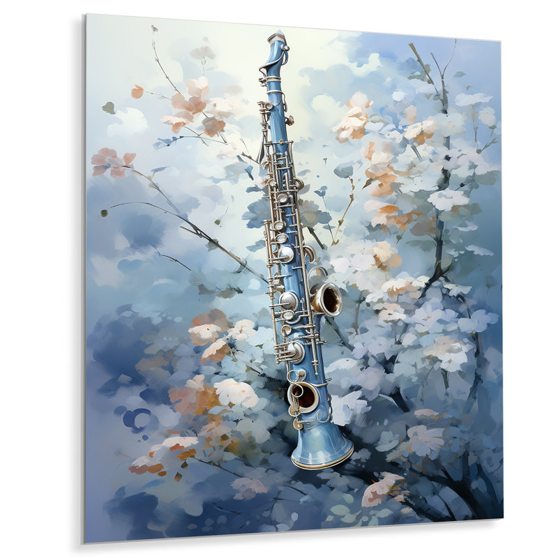 "Flûte musicale vol bleu ciel" sur métal, H 40 po x l 30 po x P 1,5 po