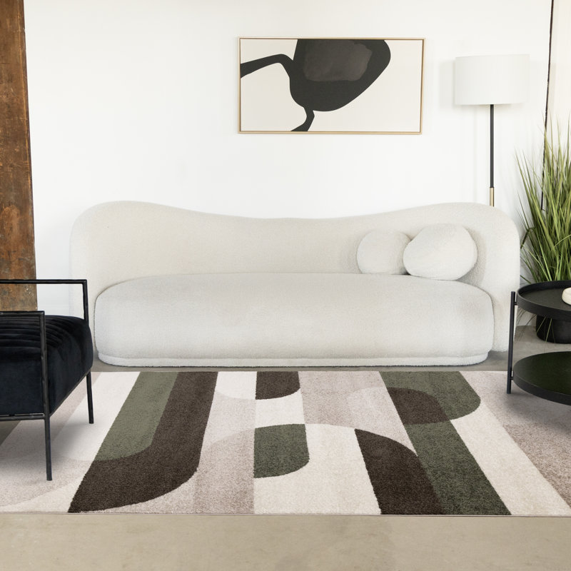 Mentko Modern Green Cream Low-Pile High-Traffic Area Rug, Rectangle 7'10" x 10'6"