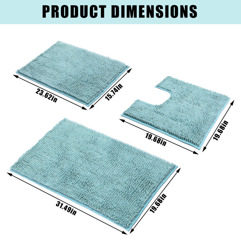 Ensemble de tapis de salle de bain en chenille 3 pièces, tapis de bain à séchage rapide antidérapant super absorbant, tapis de toilette et de douche lavables à la machine, bleu lac