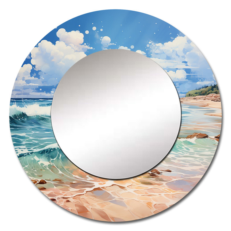 Relaxing Beach Breezes II - Beach Sand Wall Mirror, Teal Round Decorative Mirror, Printed Metal Art, 36" x 36"