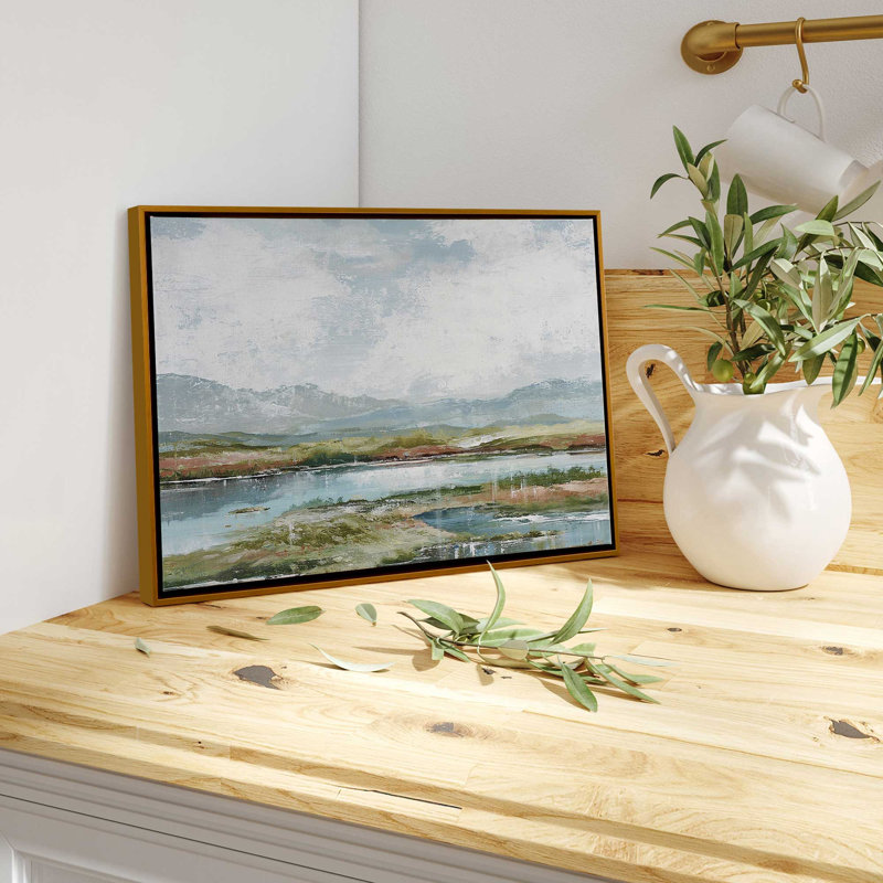 «Lakeside Af après-midi délice sur toile» par Max Maxx, reproduction, Cadre flottant or poli, H 34 po x l 50 po x P 1,75 po