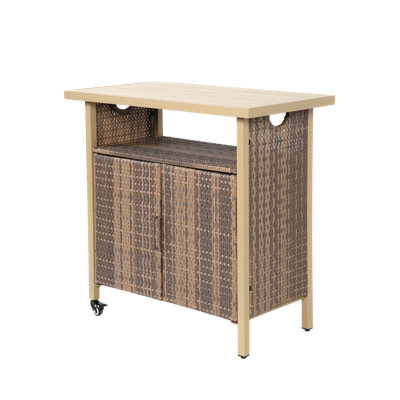 Outdoor Wicker Bar Cart, Patio Wine Serving Cart w/Wheels , Rolling Rattan Beverage Bar Counter Table w/Glass Top for Porch Backyard Garden Poolside Party, Light brown