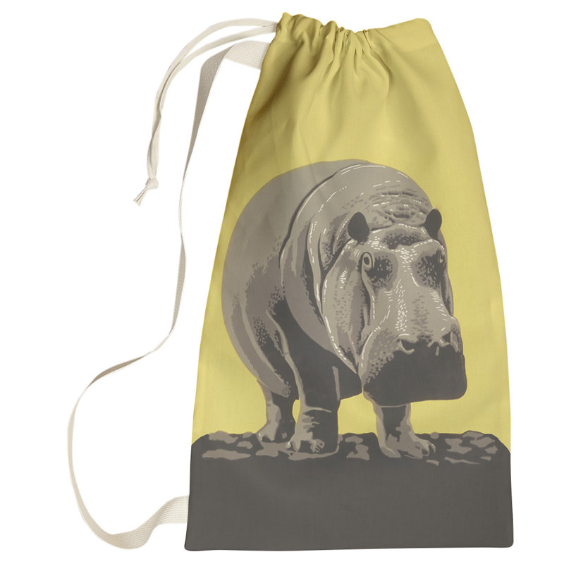 Sac à linge rétro hippopotame zoo affiche, Petit (H 64 po x l 20 po x P 1,5 po), Jaune / Gris
