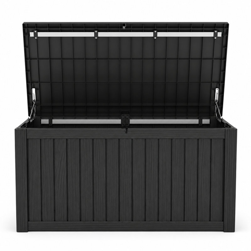 Coffre de terrasse en résine 185 gallons verrouillable avec support de couvercle hydraulique, Noir