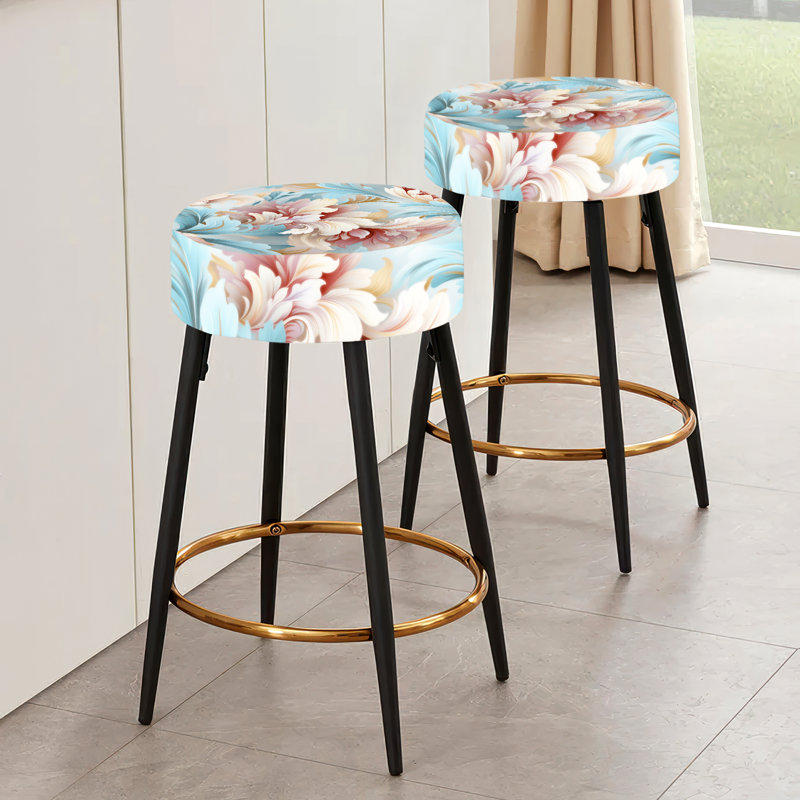 Ensemble de 2 tabourets de bar damassés roses et bleus