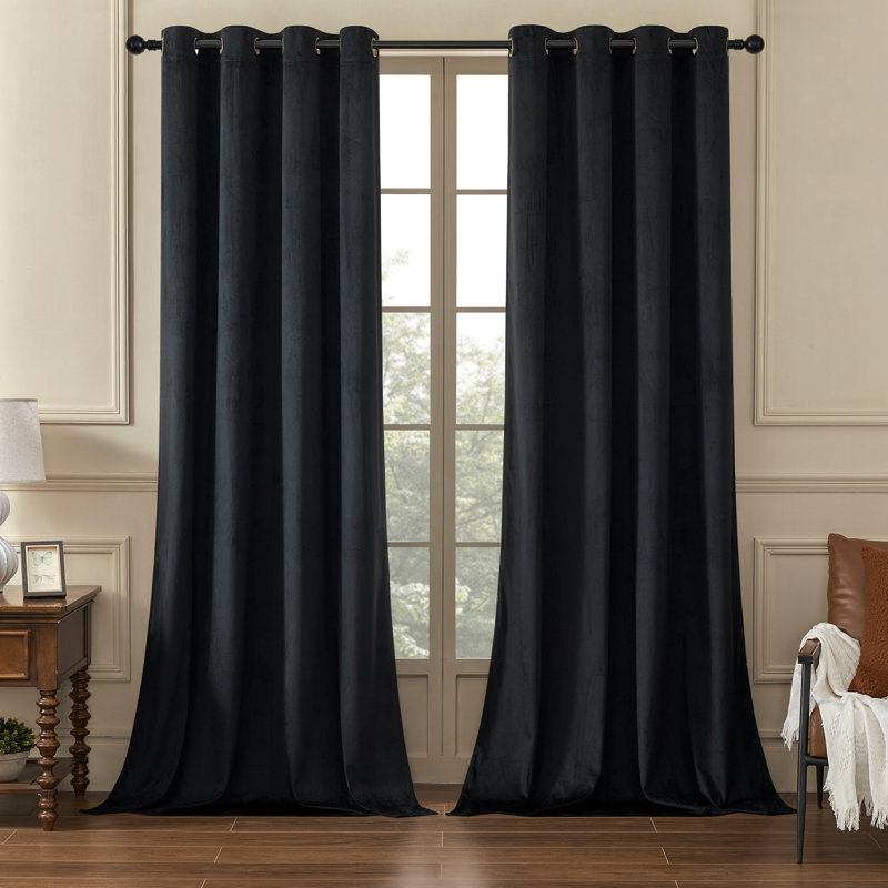 Deavion Velvet Solid Color Metal Grommets Room Darkening Curtain Panels, 52" W x 108" L, Black