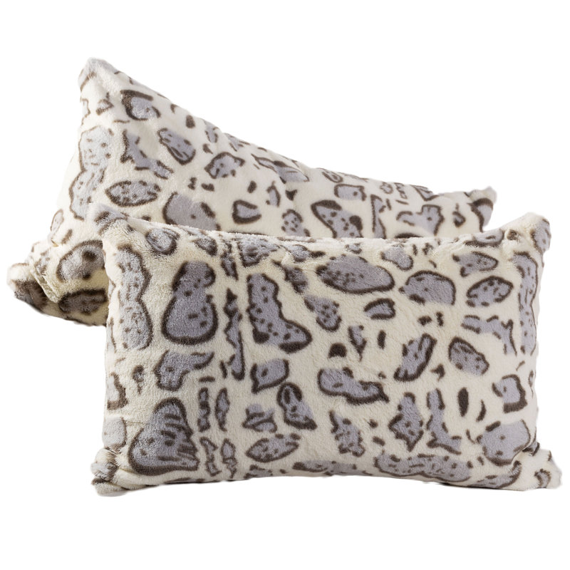 Set of 2 Gray Animal Print Faux Fur Lumbar Throw Pillows