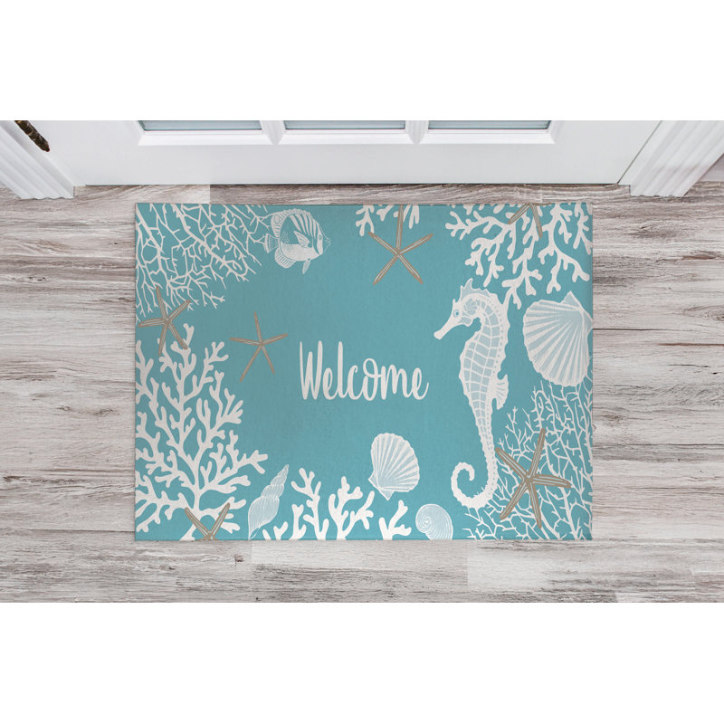 Coral & Seahorse Welcome Indoor Doormat, Blue, 24" W x 36" L