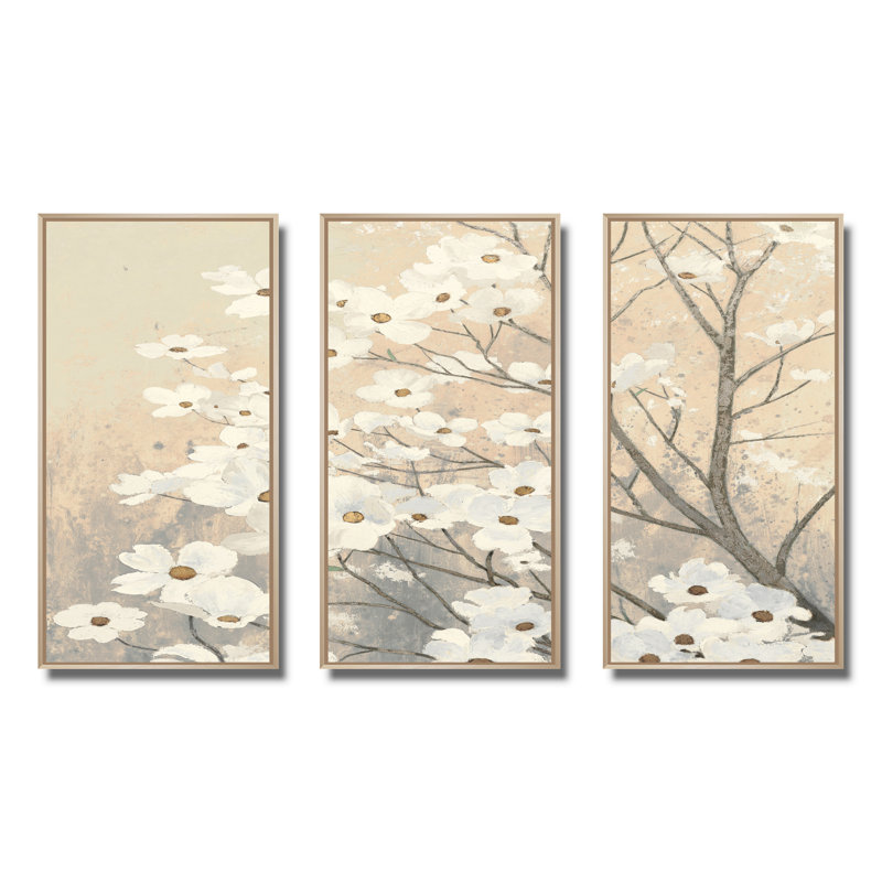 «Brown Onn Grey Blossoms», ensemble d'art mural sur toile encadré traditionnel de 3