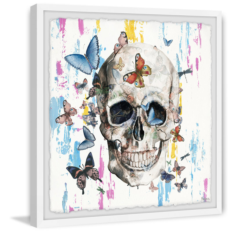 «Colorful Happy Butterfly Skull» par Parvez Taj, reproduction d'art encadrée, H 18 po x l 18 po x P 1,5 po