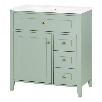 Meuble-lavabo de 30 pouces avec lavabo, panneau de fibres à densité moyenne moderne et bois d'hévéa avec 3 tiroirs et tablette réglable, meuble-lavabo autoportant pour le rangement et l'organisation de la salle de bain (porte de gauche)