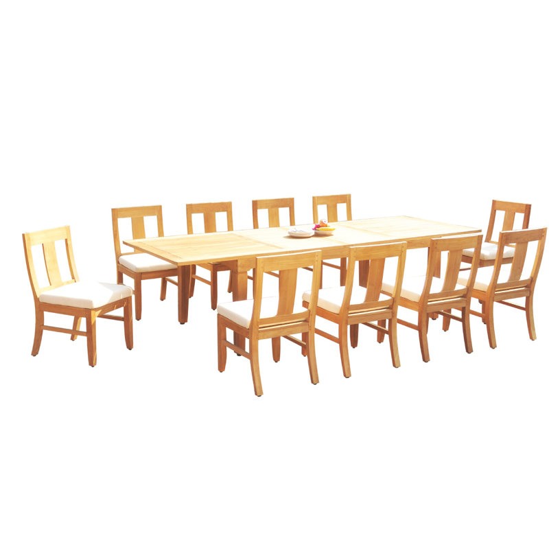 Abdullah 10 - Person Teak Solid Wood Patio Dining Set Extendable and Umbrella Hole Included Rectangular Table, 10