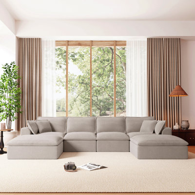 Canapé modulaire entièrement compressé de 142 po x 82 po, en forme de U avec repose-pieds, chenille rayée de luxe avec coussin moelleux en forme de nuage, sans assemblage requis, pour le salon et l’appartement, 2 couleurs