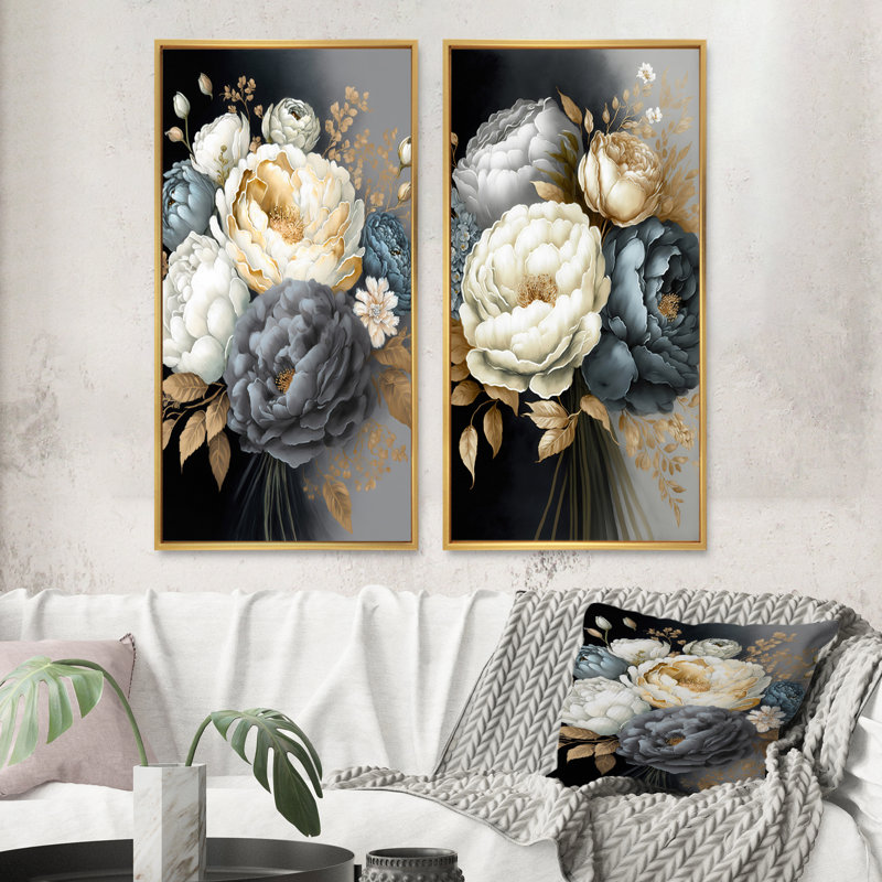Bouquet de pivoines blanches, bleues et grises - ensemble de 2 pièces, Encadrement doré, H 20 po x l 24 po