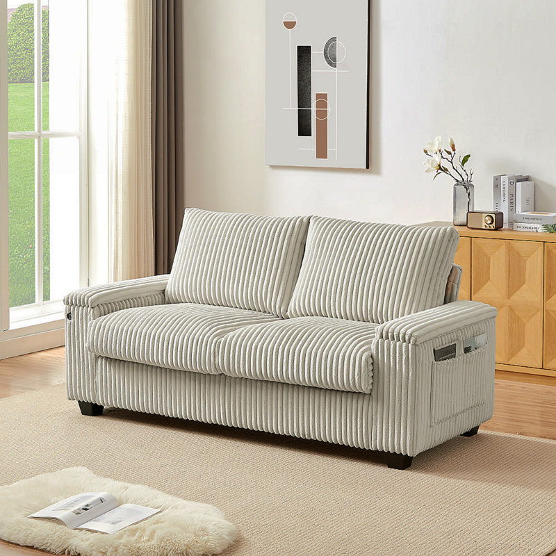Ebern Designs 71" Small Upholstered Loveseat With Storage Armrest And USB Port, Beige Corduroy
