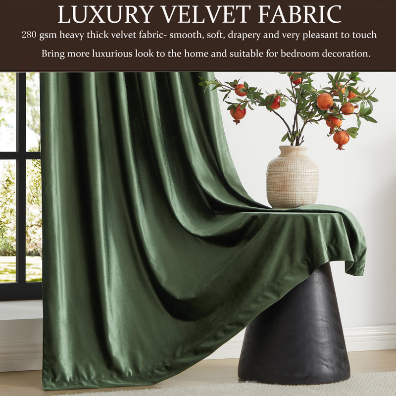 120" Long Green Velvet Blackout Curtain Panels, Set of 2
