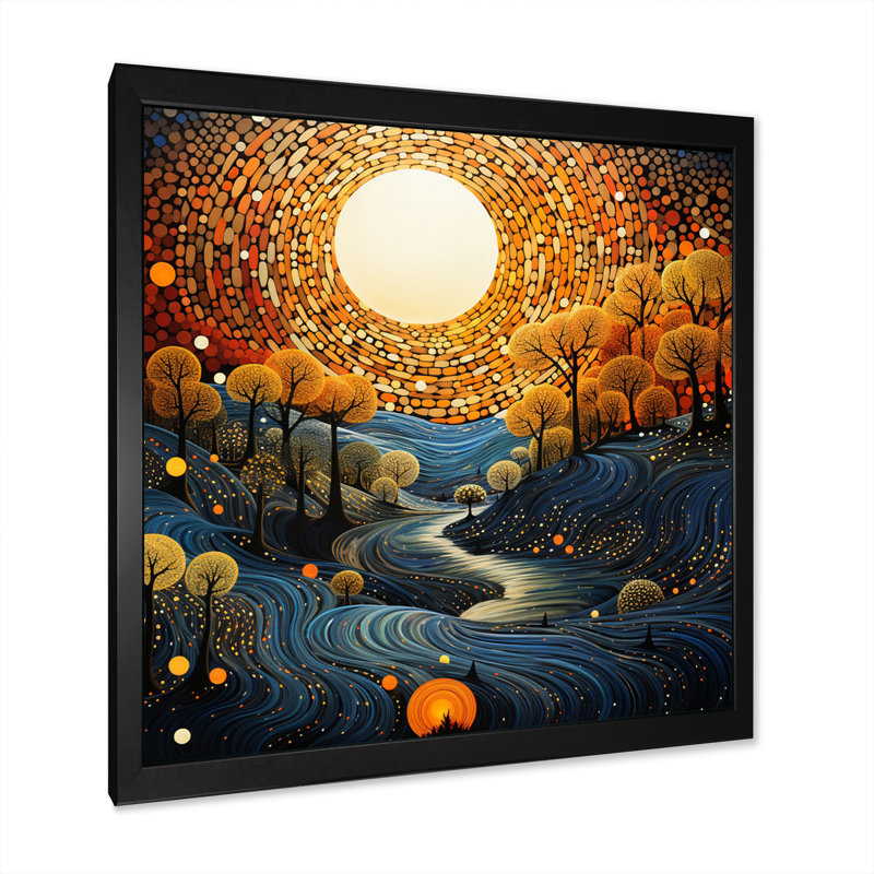 Jaune sarcelle, montagne, pointillisme, montagne - impression, H 36 po x l 36 po x P 1,5 po, Cadre simple noir