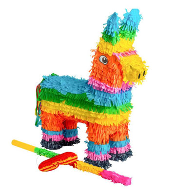 Fax Potato - Pinatas Donkey Cardboard Pinata, Stick and Blindfold Set - W40cm x D13cm x H55cm - Multi