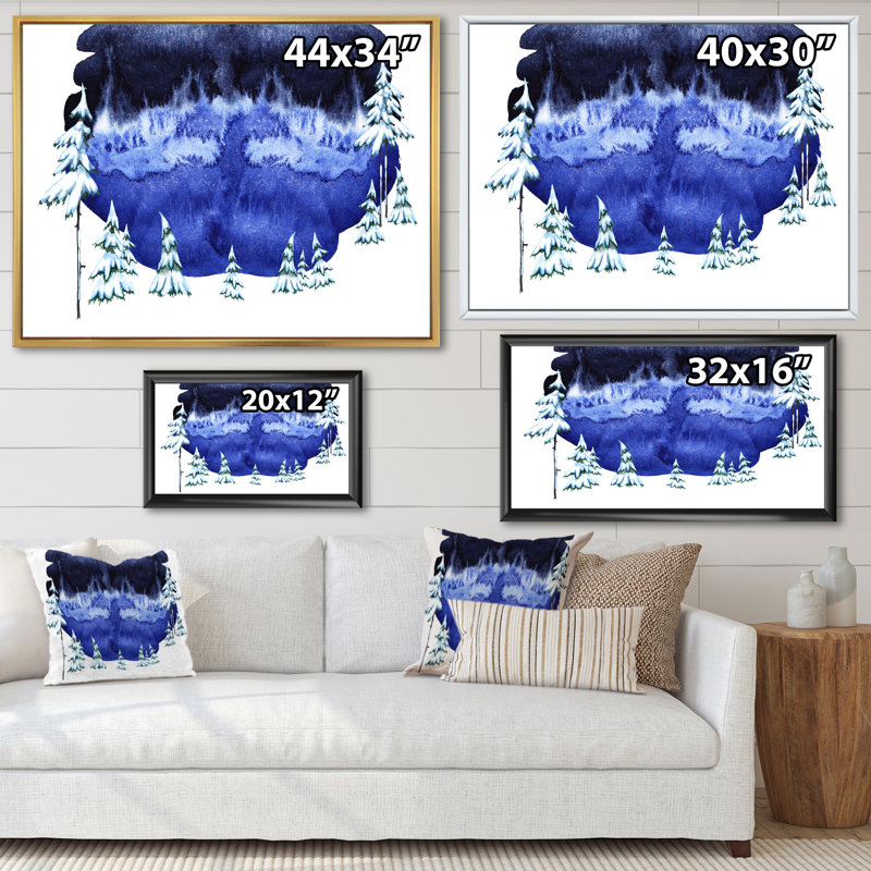 Panorama avec sapins recouverts de neige sur un ciel bleu - peinture sur toile, H 12 po x l 20 po, Cadre flottant blanc